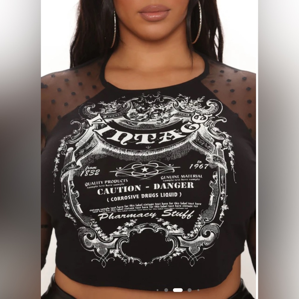 Fashion Nova Black Vintage Graphic Sheer Sleeve Crop Top